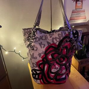 Coach Tote Bag with Red and Black Floral Design